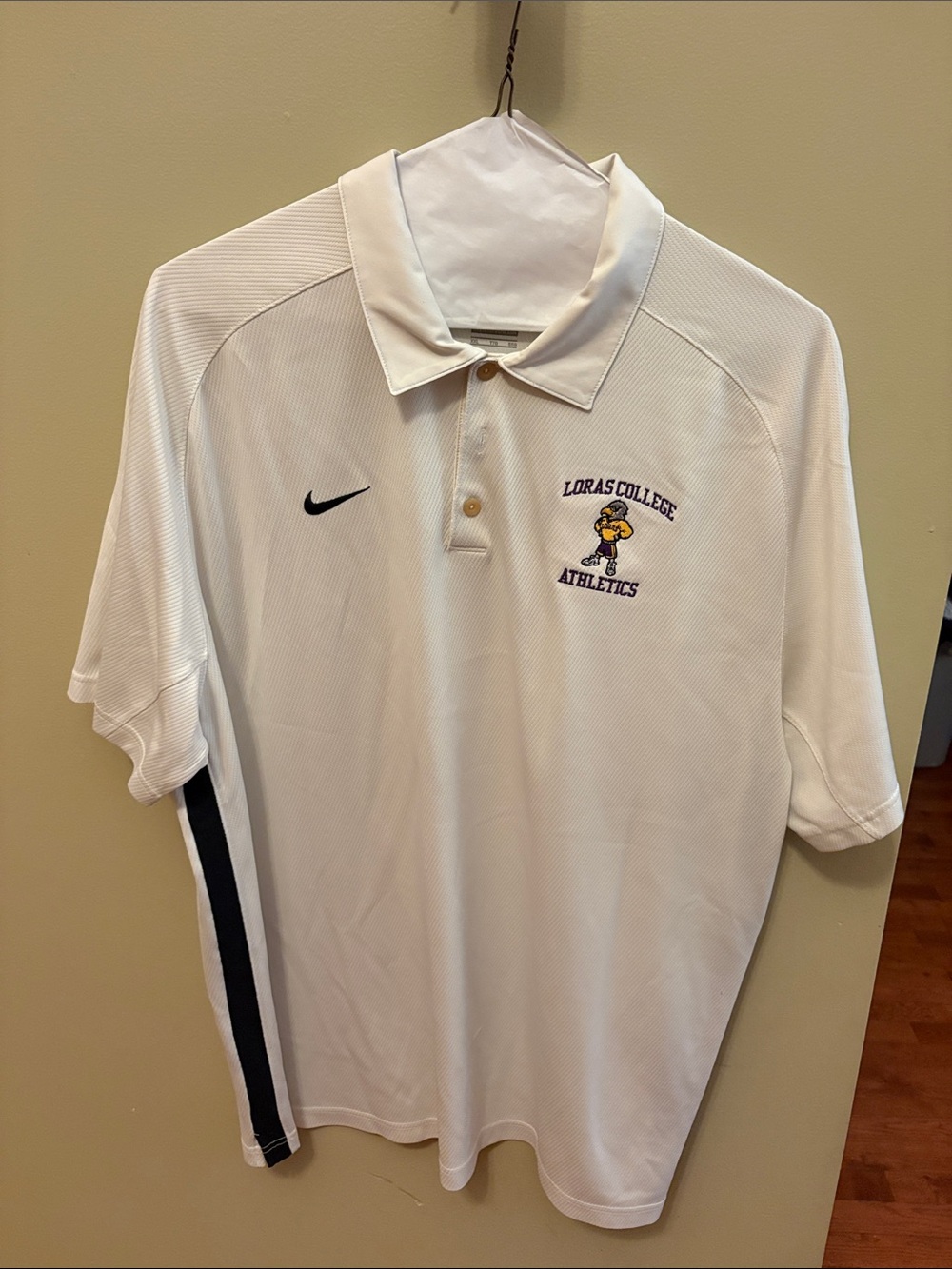 Nike White Men’s Loras College Athletics Polo with Black Stripe